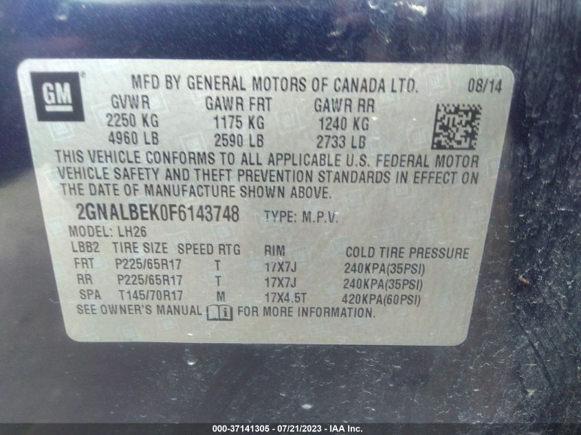 2015 CHEVROLET EQUINOX LT - 2GNALBEK0F6143748