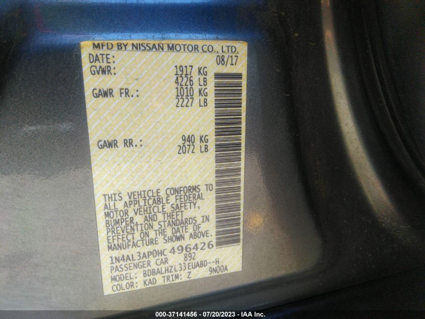 2017 NISSAN ALTIMA 2.5/S/SV/SL/SR - 1N4AL3AP0HC496426