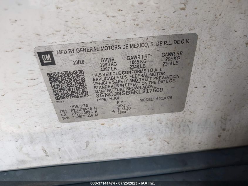 2019 CHEVROLET TRAX LS - 3GNCJNSB6KL217569