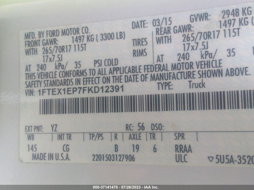 2015 FORD F-150 XLT/XL/LARIAT - 1FTEX1EP7FKD12391