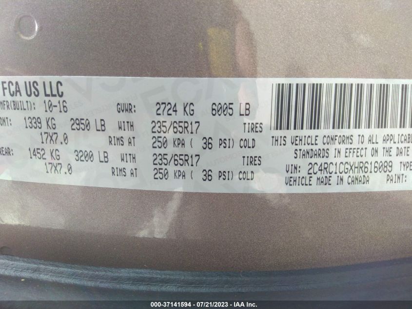 2017 CHRYSLER PACIFICA LX - 2C4RC1CGXHR616089
