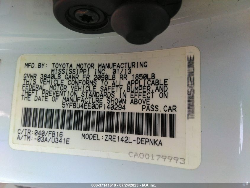 2013 TOYOTA COROLLA L/LE/S - 5YFBU4EE0DP140294
