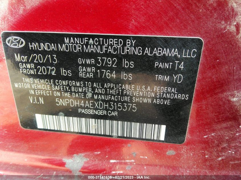 2013 HYUNDAI ELANTRA GLS PZEV - 5NPDH4AEXDH315375