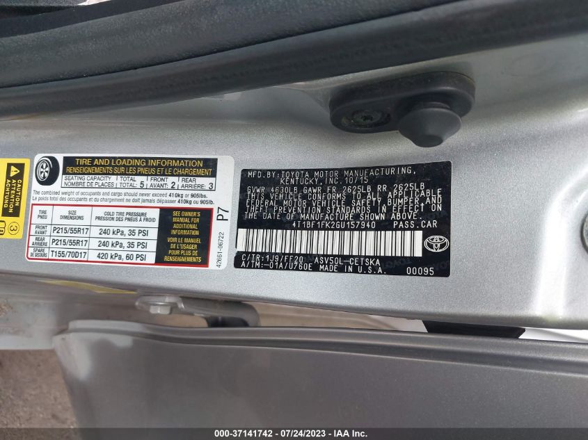 2016 TOYOTA CAMRY XLE/SE/LE/XSE - 4T1BF1FK2GU157940