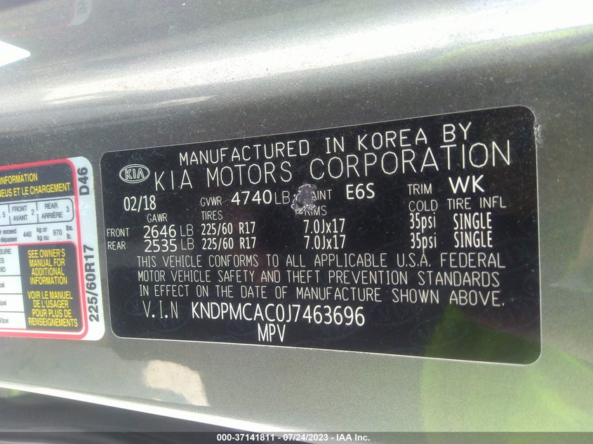 VIN KNDPMCAC0J7463696 2018 KIA SPORTAGE LX