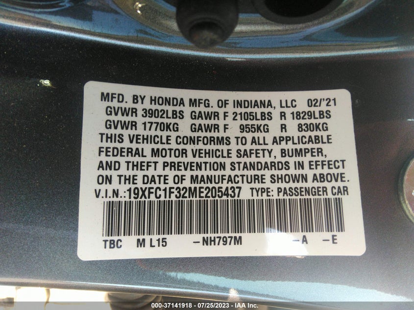 VIN 19XFC1F32ME205437 2021 HONDA CIVIC SEDAN EX