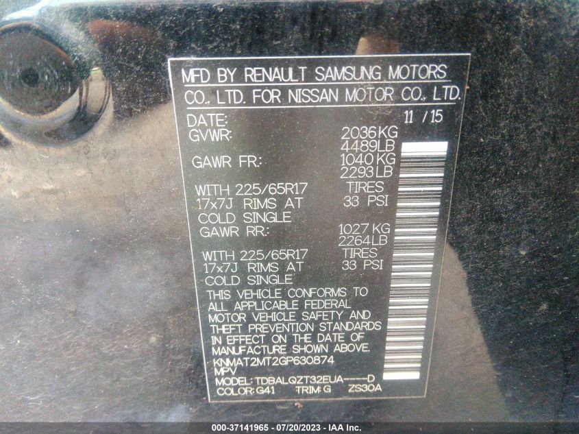 2016 NISSAN ROGUE SV - KNMAT2MT2GP630874