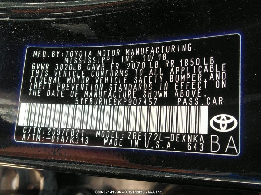 2019 TOYOTA COROLLA L/LE/SE/XLE/XSE - 5YFBURHE6KP907457