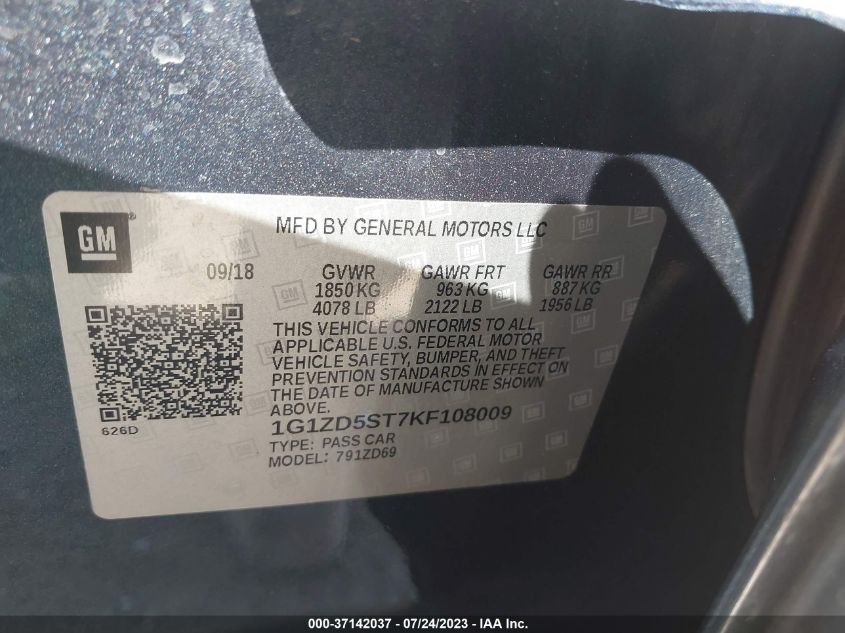 2019 CHEVROLET MALIBU LT - 1G1ZD5ST7KF108009