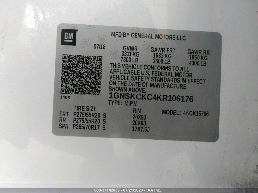 2019 CHEVROLET TAHOE PREMIER - 1GNSKCKC4KR106176