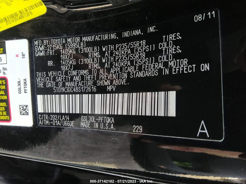 5TDYK3DC4BS172616 2011 TOYOTA SIENNA, photo no. 9