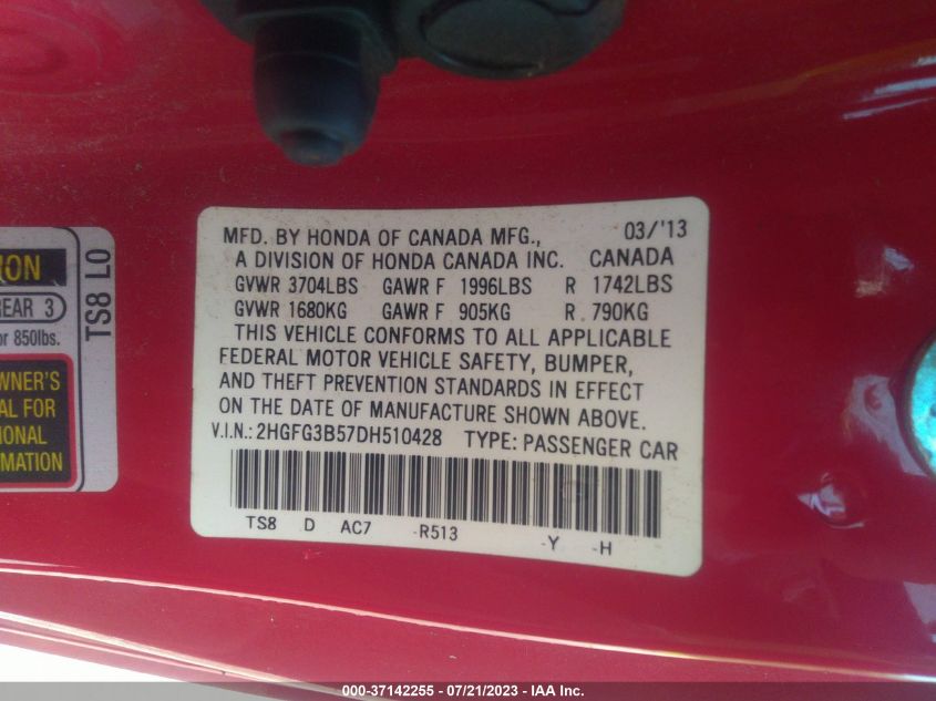 2013 HONDA CIVIC CPE LX 2HGFG3B57DH510428