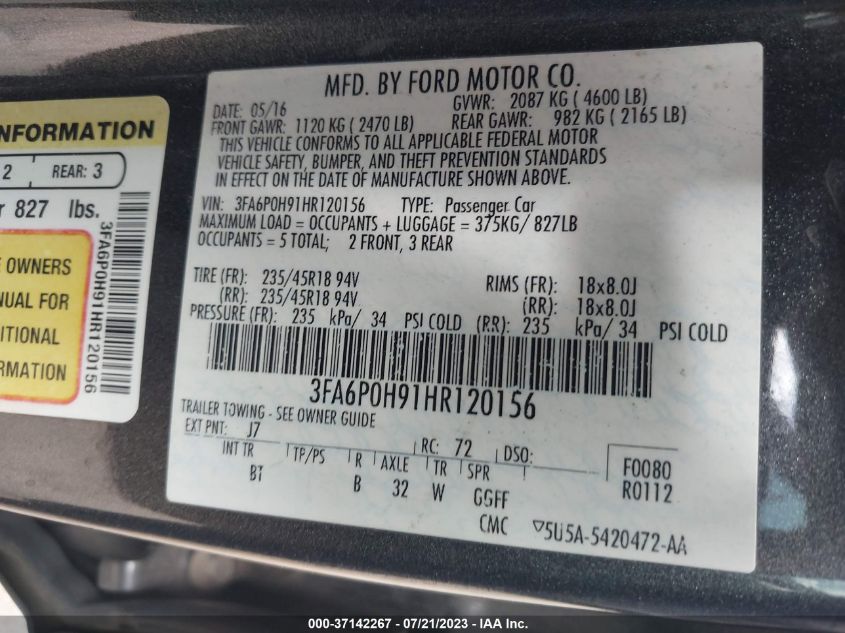 2017 FORD FUSION SE - 3FA6P0H91HR120156