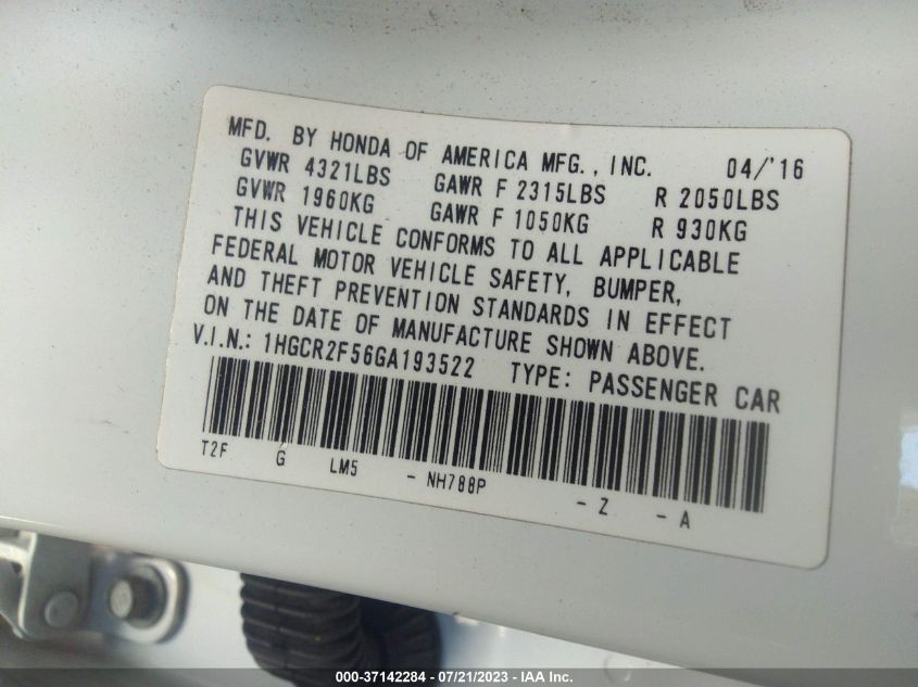 2016 HONDA ACCORD SEDAN SPORT - 1HGCR2F56GA193522