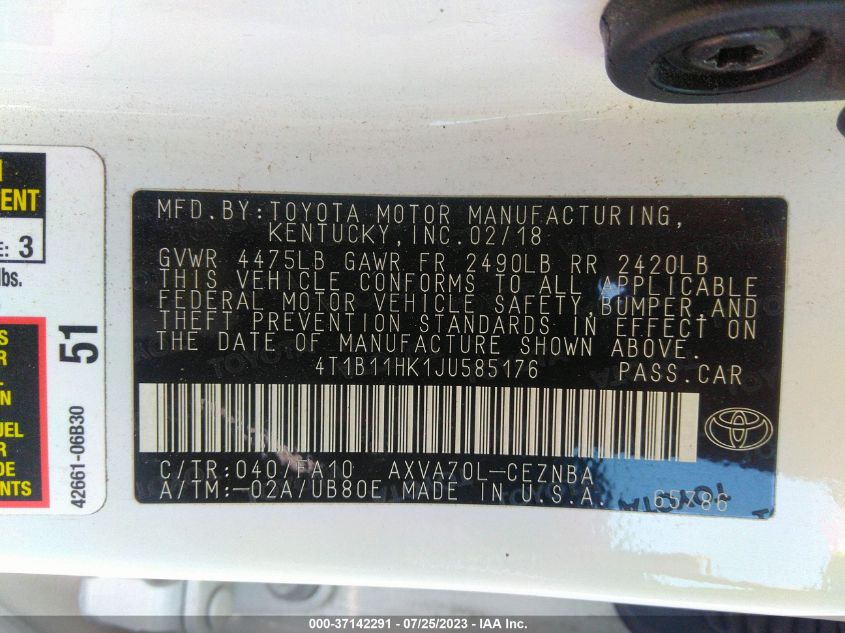2018 TOYOTA CAMRY LE/SE/XLE/L - 4T1B11HK1JU585176