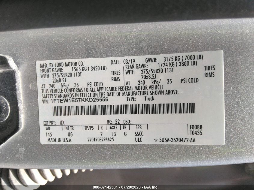 2019 FORD F-150 XL/XLT/LARIAT - 1FTEW1E57KKD25556