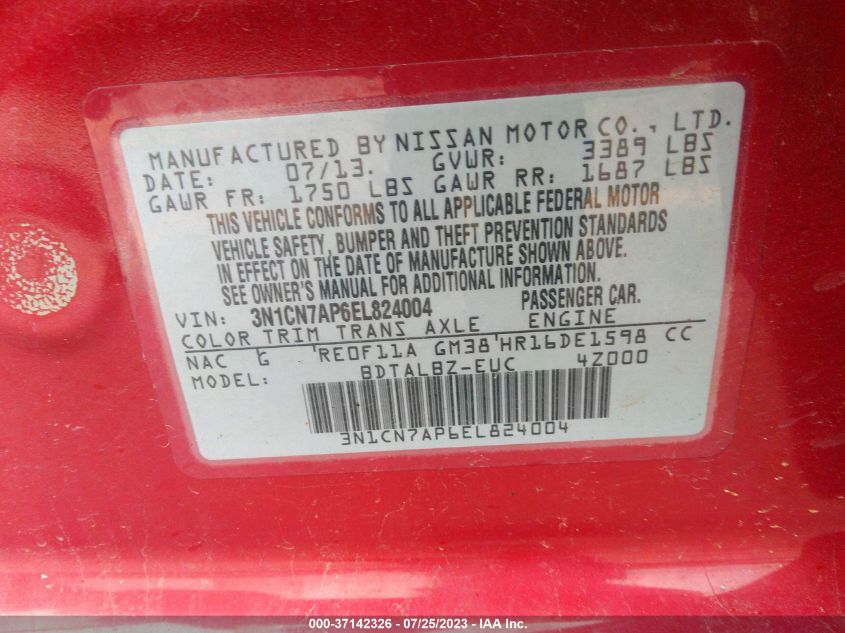 2014 NISSAN VERSA S/S PLUS/SV/SL - 3N1CN7AP6EL824004