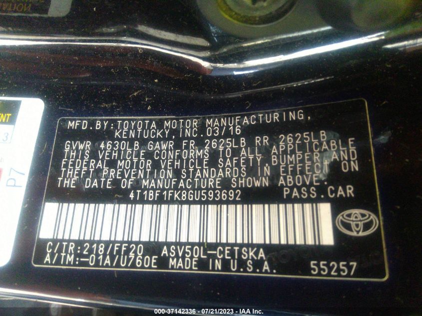 2016 TOYOTA CAMRY XLE/SE/LE/XSE - 4T1BF1FK8GU593692