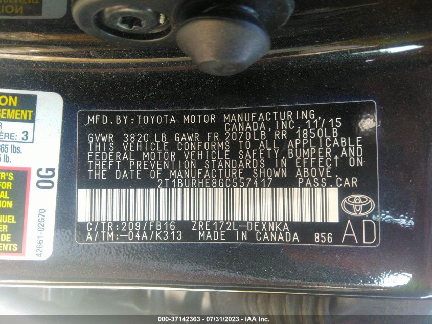 2016 TOYOTA COROLLA L/LE/S/S PLUS/LE PLUS - 2T1BURHE8GC557417