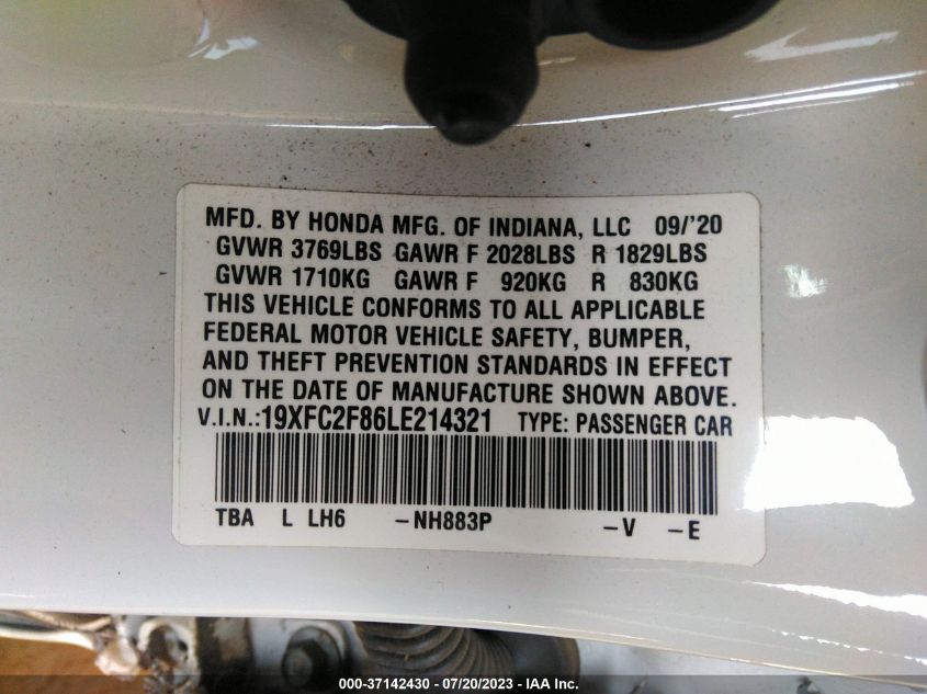 2020 HONDA CIVIC SEDAN SPORT - 19XFC2F86LE214321