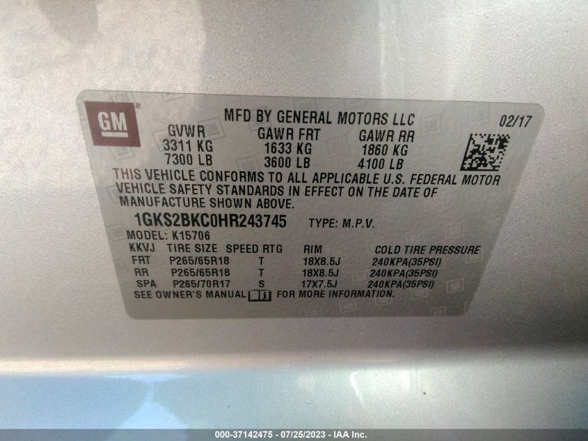 2017 GMC YUKON SLT - 1GKS2BKC0HR243745