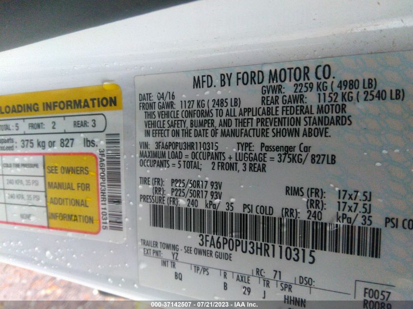 2017 FORD FUSION ENERGI SE - 3FA6P0PU3HR110315