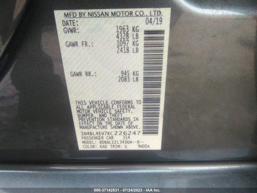 VIN 1N4BL4EV7KC226247 2019 NISSAN ALTIMA 2.5 SL