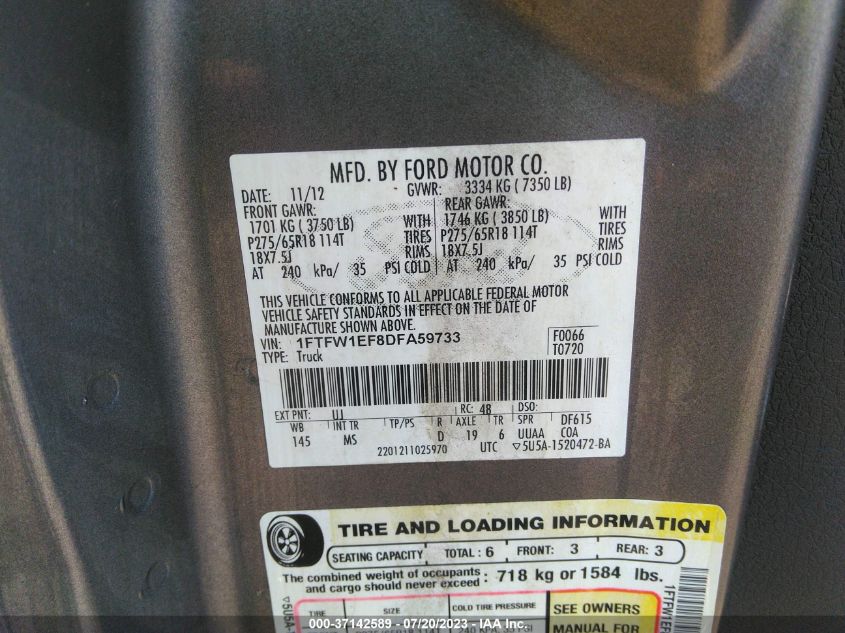 2013 FORD F-150 XL/XLT/FX4/LARIAT - 1FTFW1EF8DFA59733