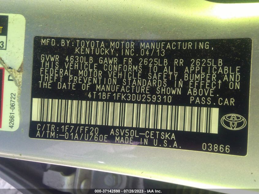 2013 TOYOTA CAMRY L/LE/SE/XLE - 4T1BF1FK3DU259310