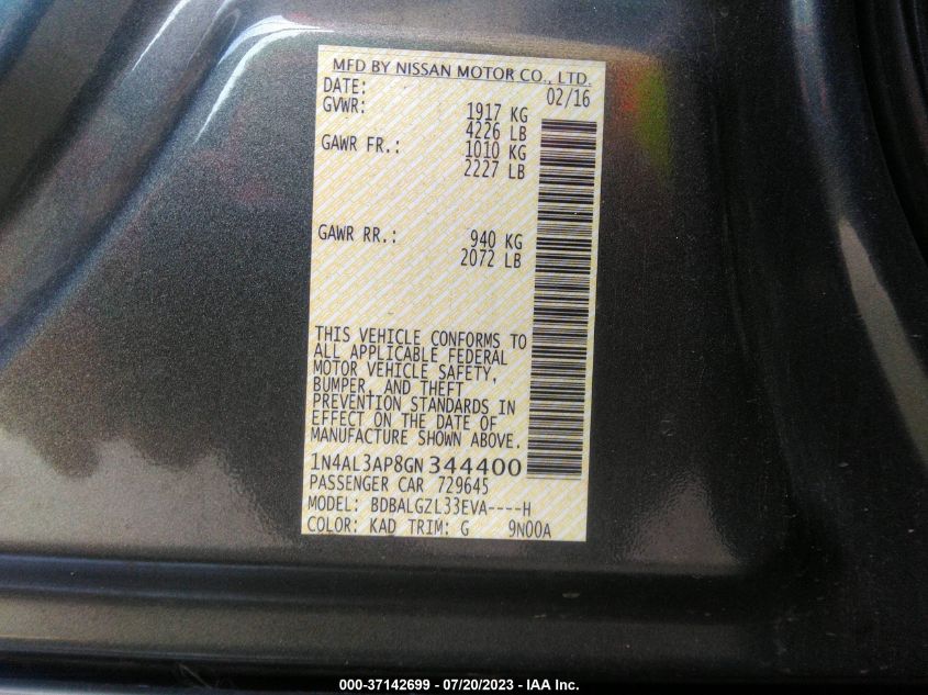 2016 NISSAN ALTIMA 2.5 S - 1N4AL3AP8GN344400
