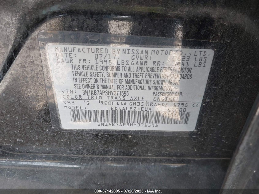 VIN 3N1AB7AP3HY371595 2017 NISSAN SENTRA S/SV/SR/SL