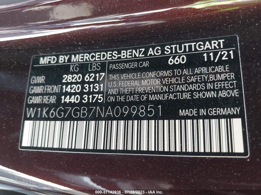 Auction sale of the 2022 MERCEDES BENZ S CLASS , vin: W1K6G7GB7NA099851, lot number: 37142936