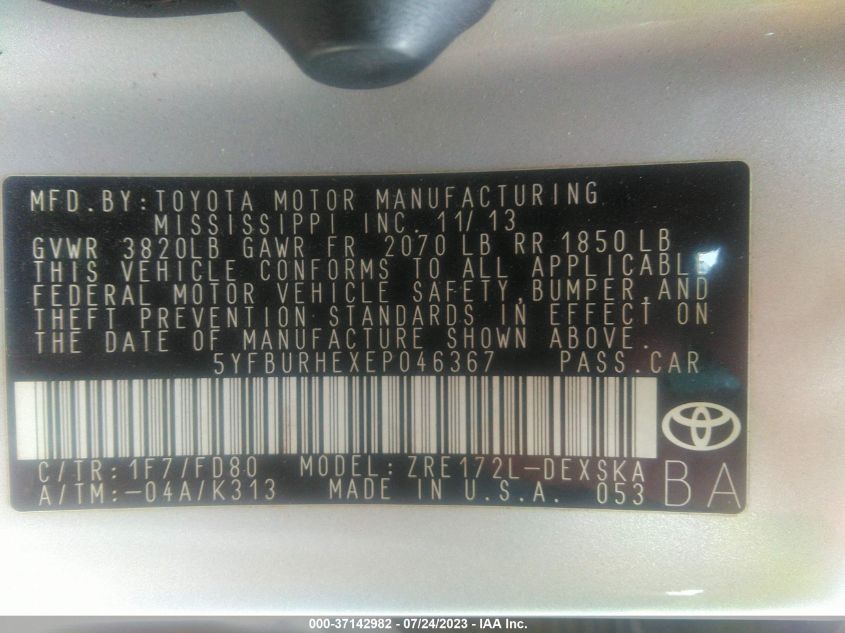 2014 TOYOTA COROLLA L/LE/S/S PLUS/LE PLUS - 5YFBURHEXEP046367
