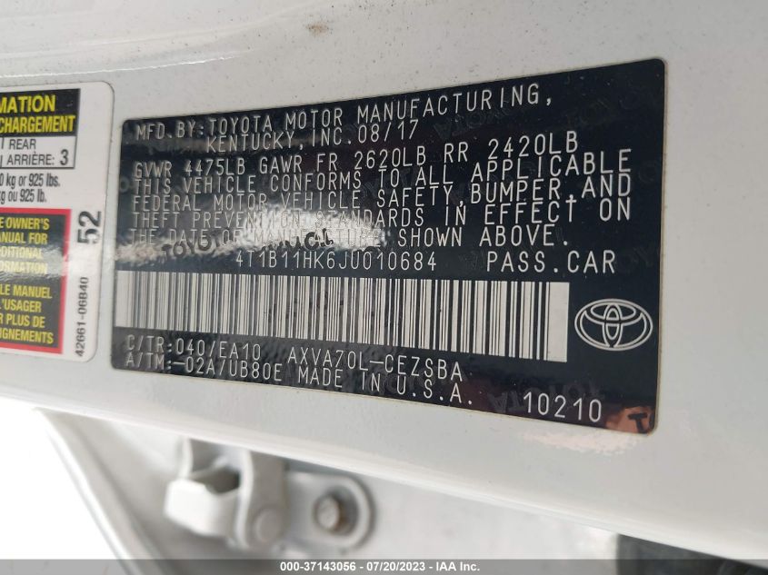 2018 TOYOTA CAMRY LE/SE/XLE/L - 4T1B11HK6JU010684