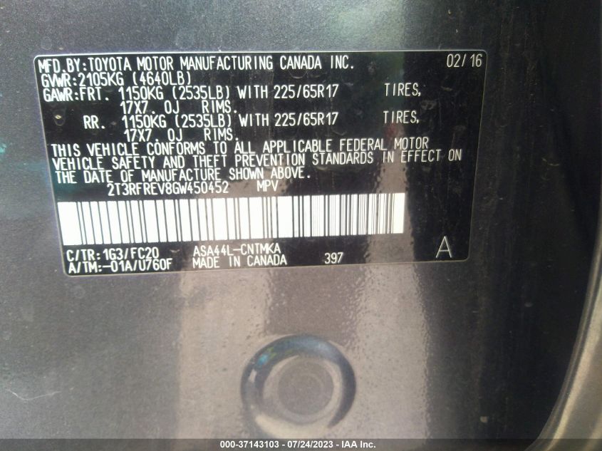 2016 TOYOTA RAV4 XLE - 2T3RFREV8GW450452