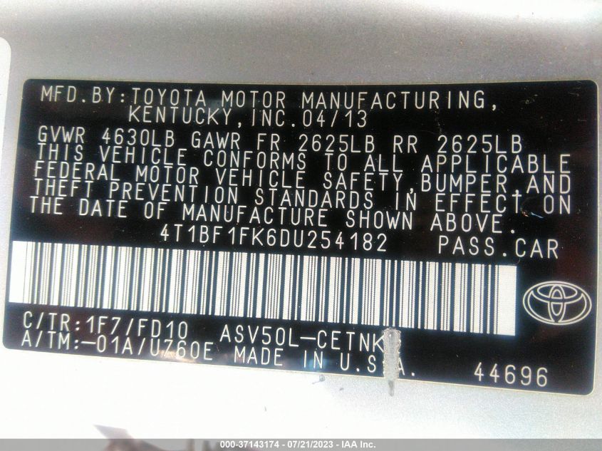2013 TOYOTA CAMRY L/LE/SE/XLE - 4T1BF1FK6DU254182