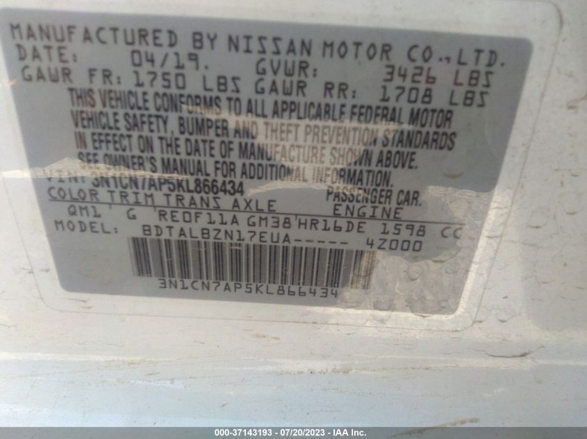 2019 NISSAN VERSA 1.6 SV - 3N1CN7AP5KL866434
