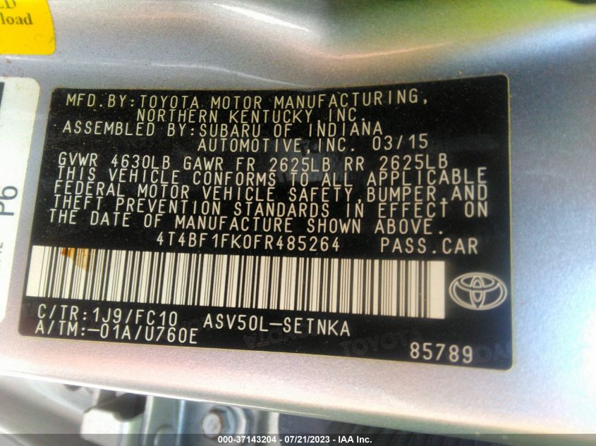 2015 TOYOTA CAMRY XLE/SE/LE/XSE - 4T4BF1FK0FR485264