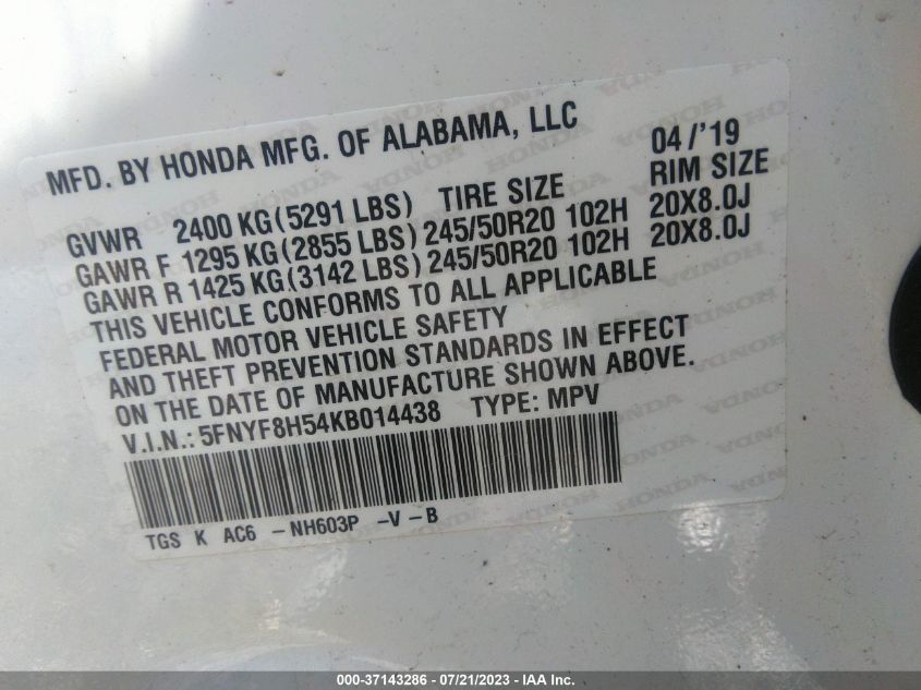 2019 HONDA PASSPORT EX-L 5FNYF8H54KB014438