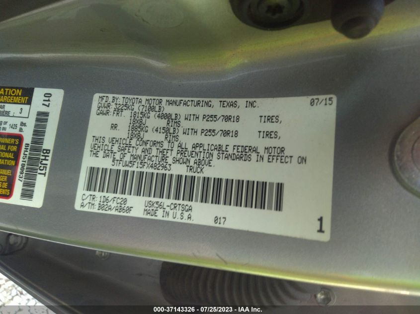 2015 TOYOTA TUNDRA 4WD TRUCK SR/SR5/TRD PRO 5TFUW5F15FX482963