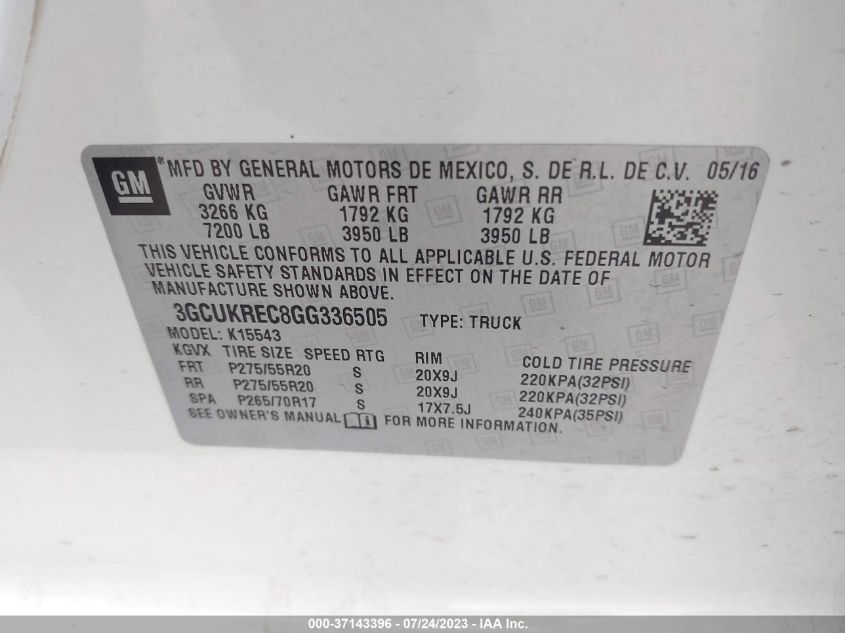 2016 CHEVROLET SILVERADO 1500 LT - 3GCUKREC8GG336505