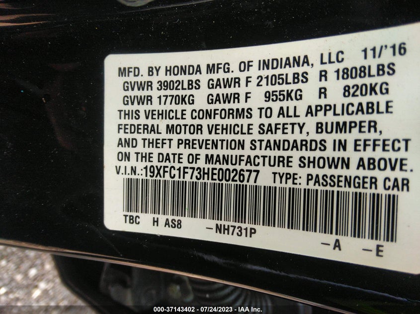 VIN 19XFC1F73HE002677 2017 HONDA CIVIC SEDAN EX-L