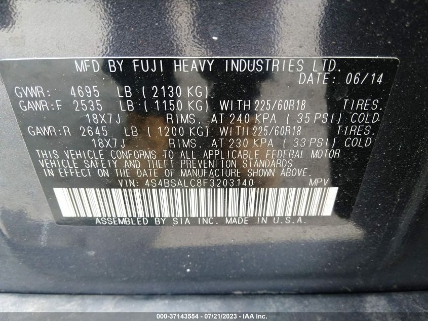 2015 SUBARU OUTBACK 2.5I LIMITED - 4S4BSALC8F3203140