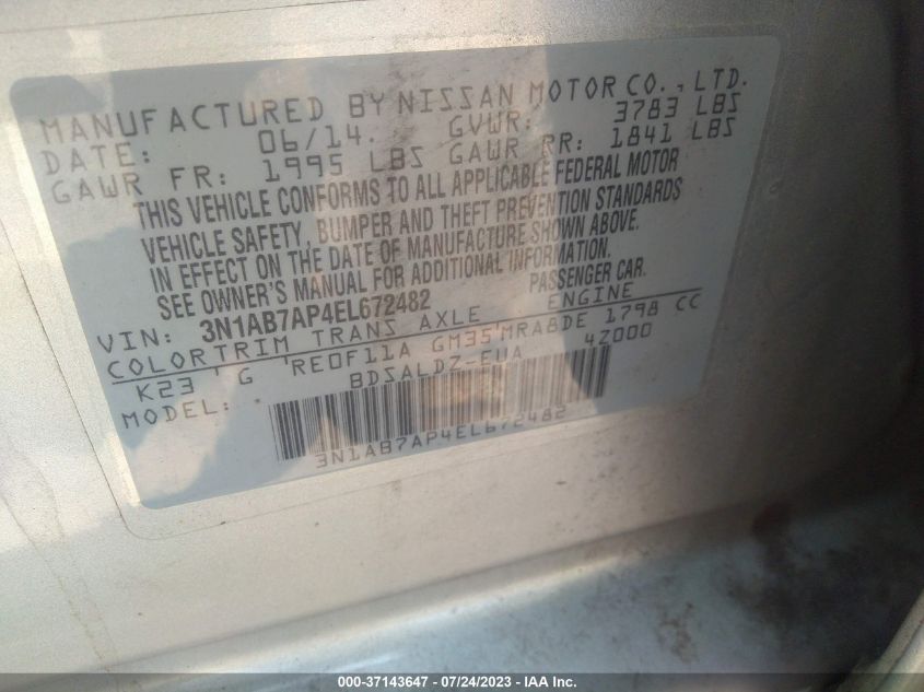 2014 NISSAN SENTRA S/FE+ S/SV/FE+ SV/SR/SL - 3N1AB7AP4EL672482