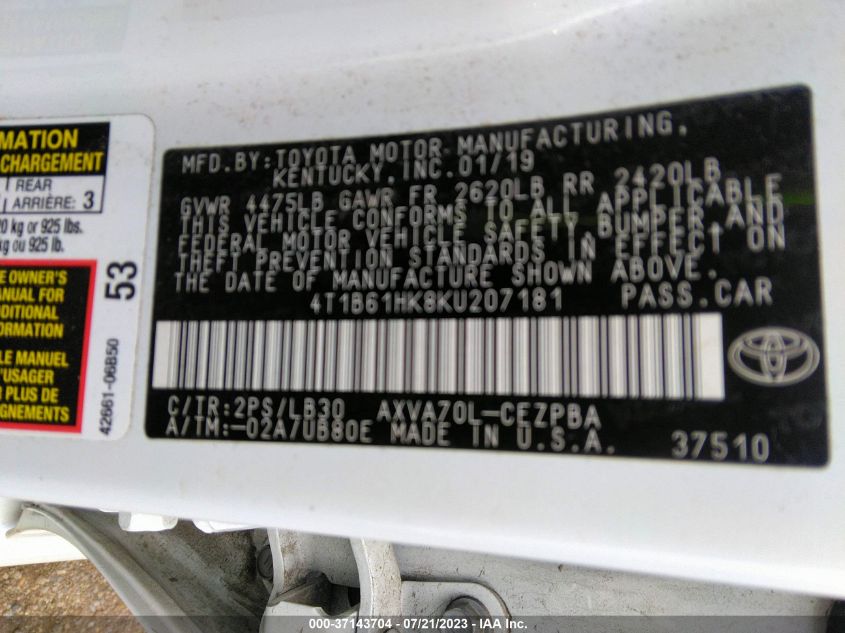2019 TOYOTA CAMRY XSE - 4T1B61HK8KU207181