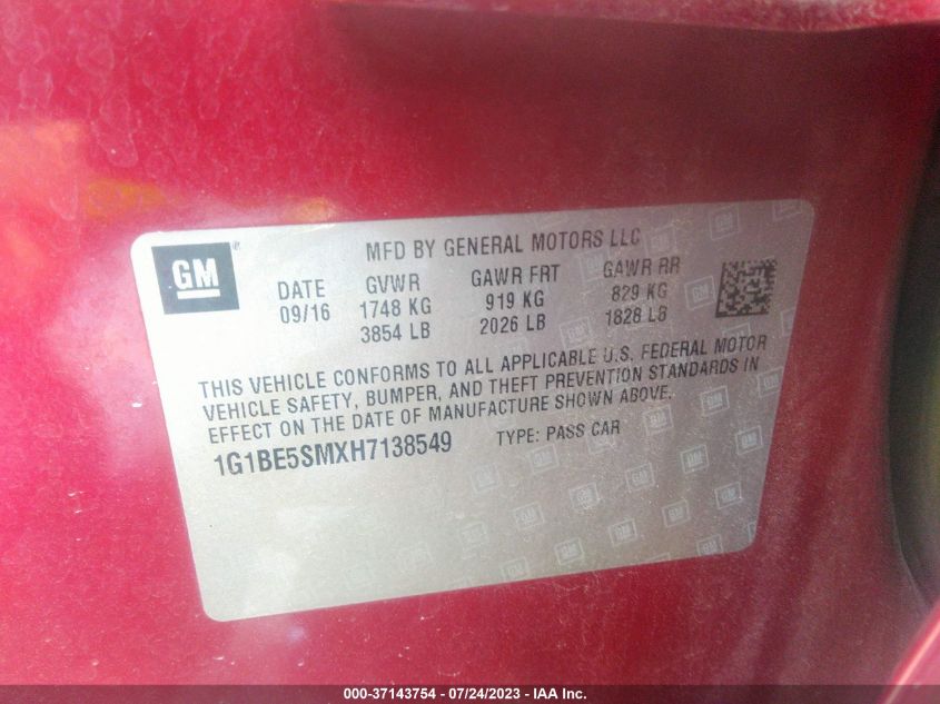 2017 CHEVROLET CRUZE LT - 1G1BE5SMXH7138549