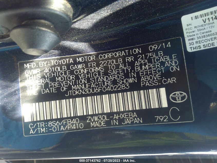 2015 TOYOTA PRIUS TWO - JTDKN3DU6F0402283