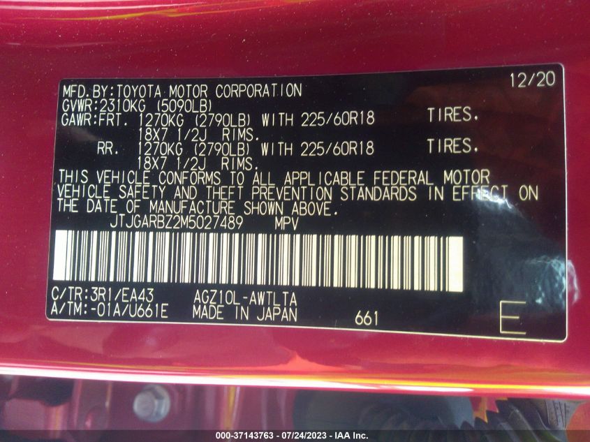 2021 LEXUS NX NX 300 - JTJGARBZ2M5027489
