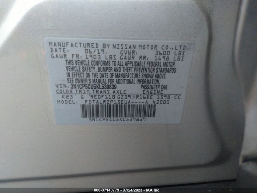 2019 NISSAN KICKS S - 3N1CP5CU5KL539839