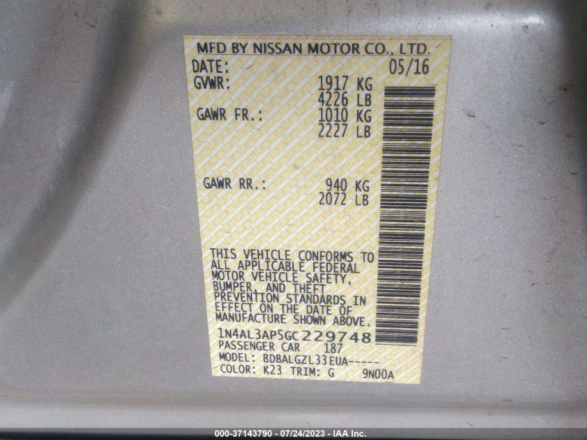 2016 NISSAN ALTIMA 2.5 - 1N4AL3AP5GC229748